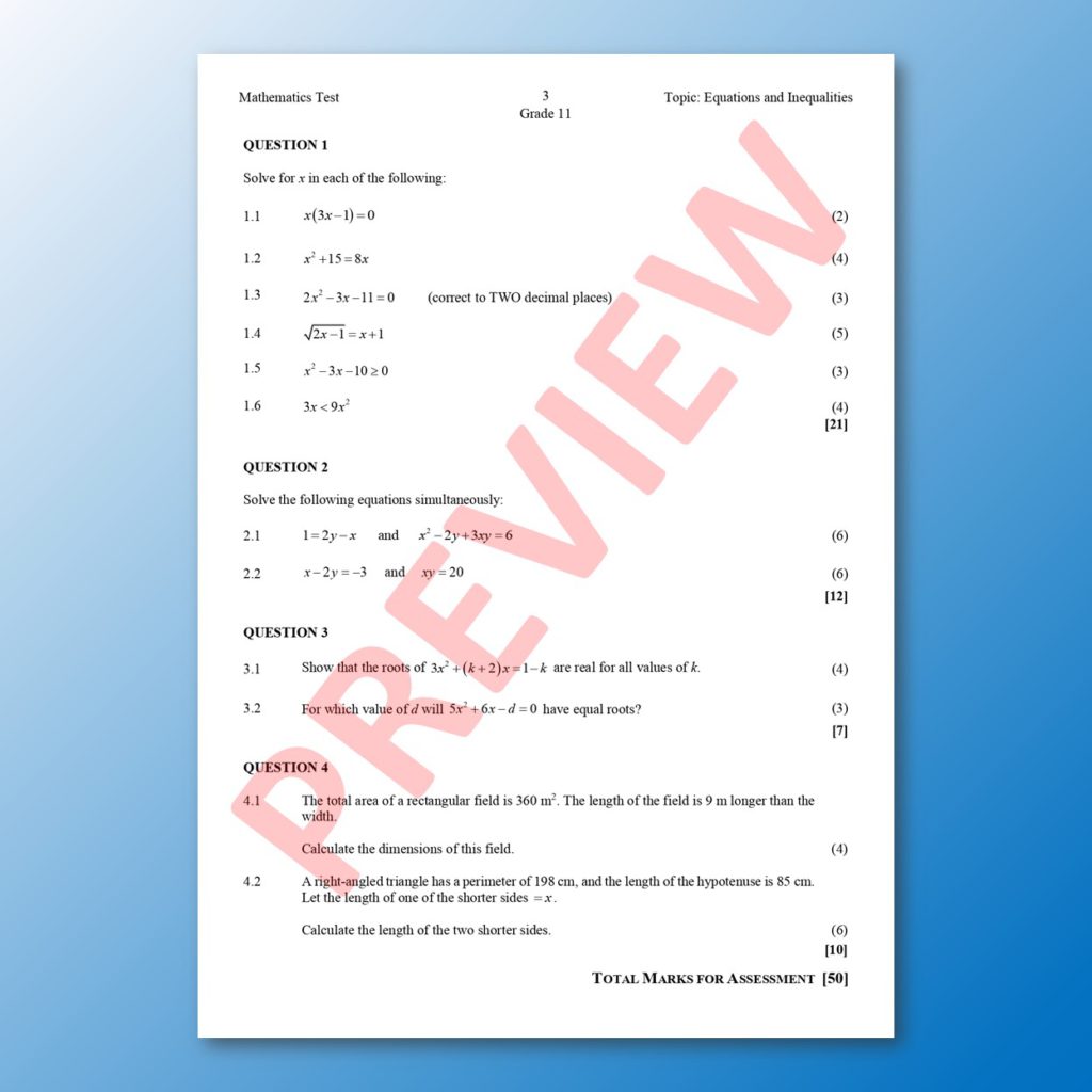 MATHEMATICS GRADE 11 TOPIC TEST EQUATIONS AND INEQUALITIES Teacha