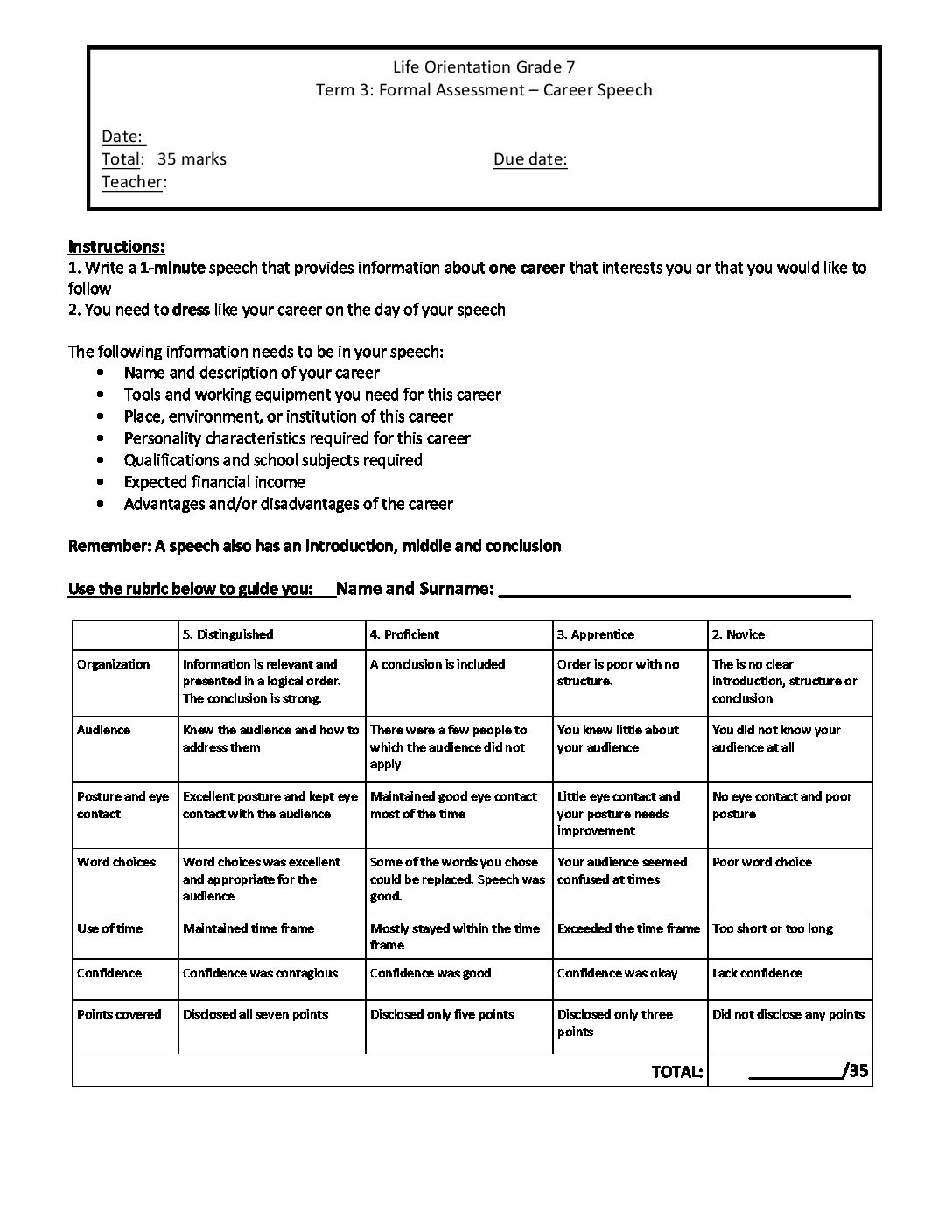 Grade Life Orientation Term Task Teacha