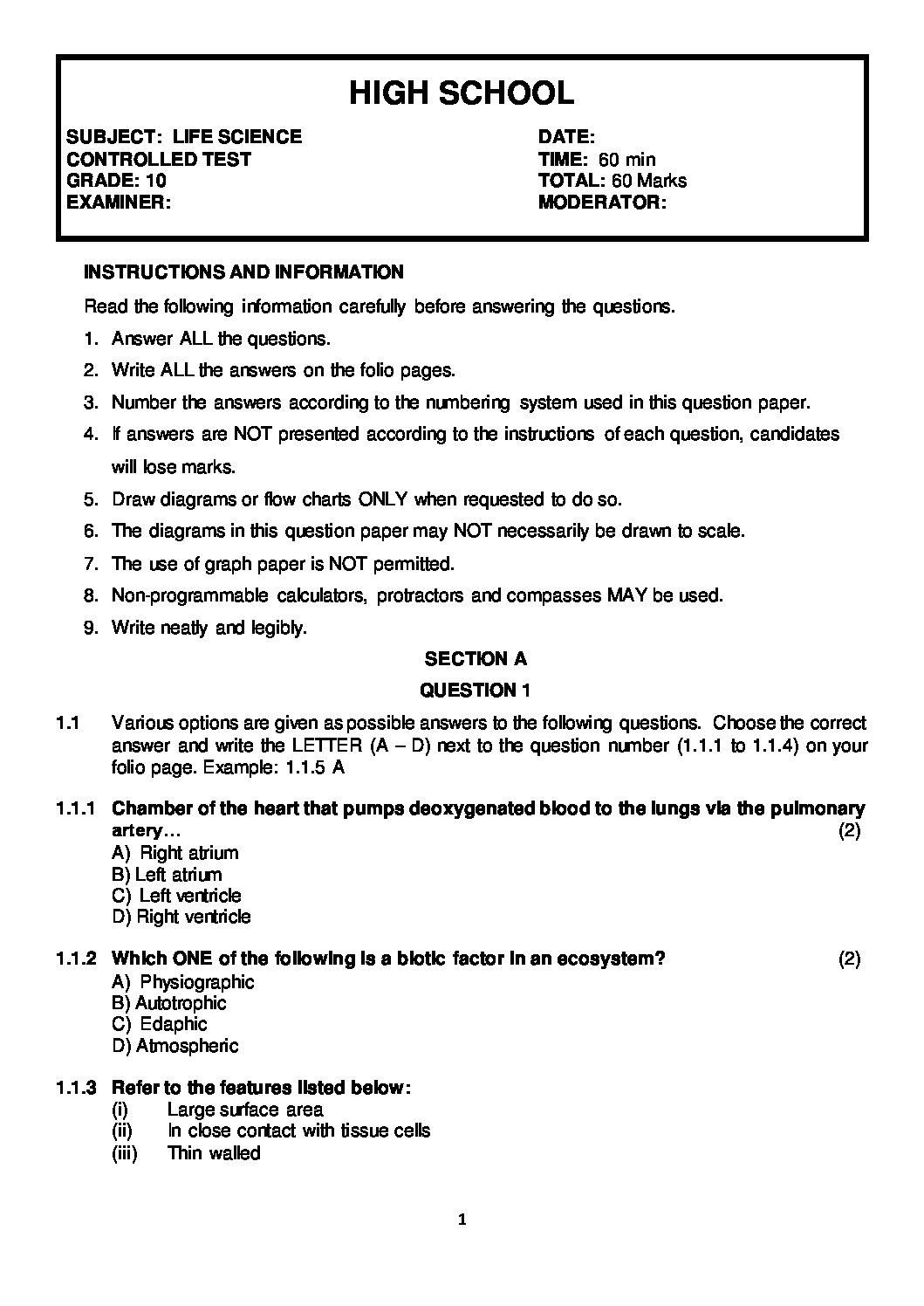 Grade 10 Term 3 Test And Memo 60 Marks Teacha 