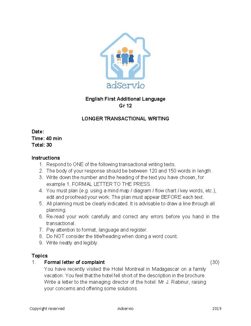 English FAL Gr 12 Longer Transactional Writing PDF Teacha 