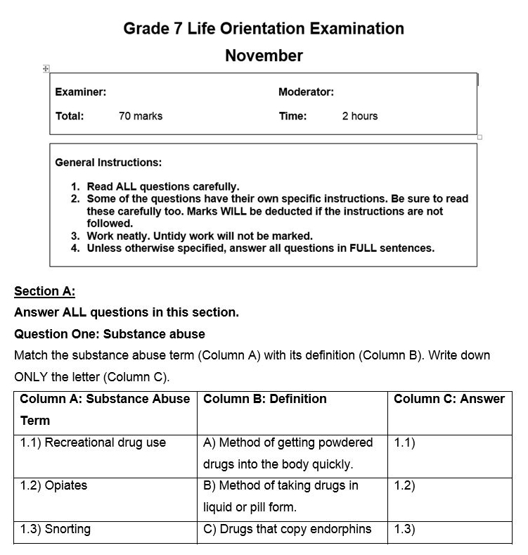 Grade 7 Life Orientation Exam Bundle Teacha 