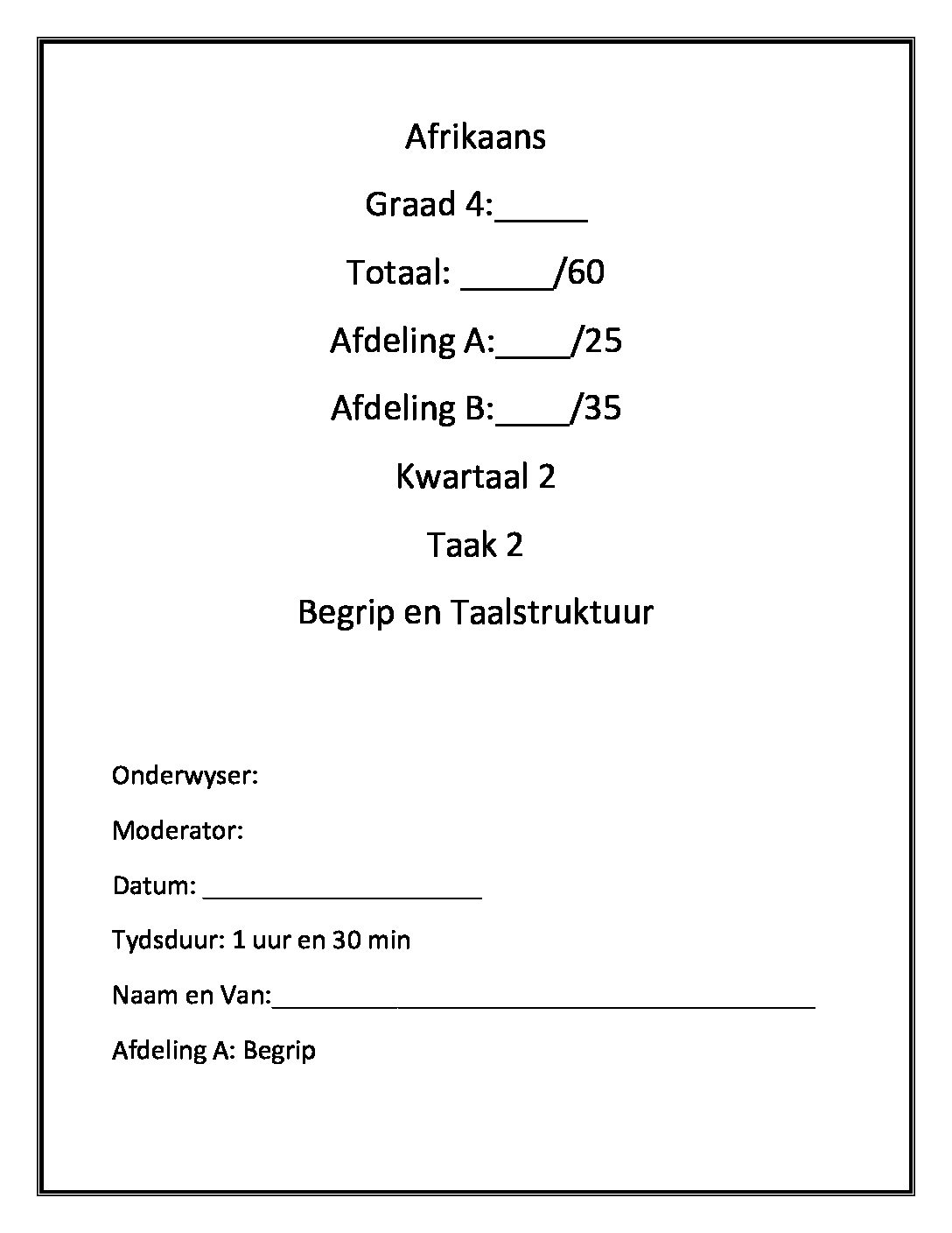 Grade 4 Term 2 Afrikaans FAL Exam Teacha 