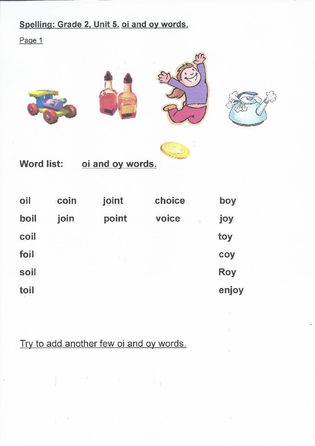 Spelling Grade 2 Unit 5 Oi And Oy Words 12 Pages Teacha 