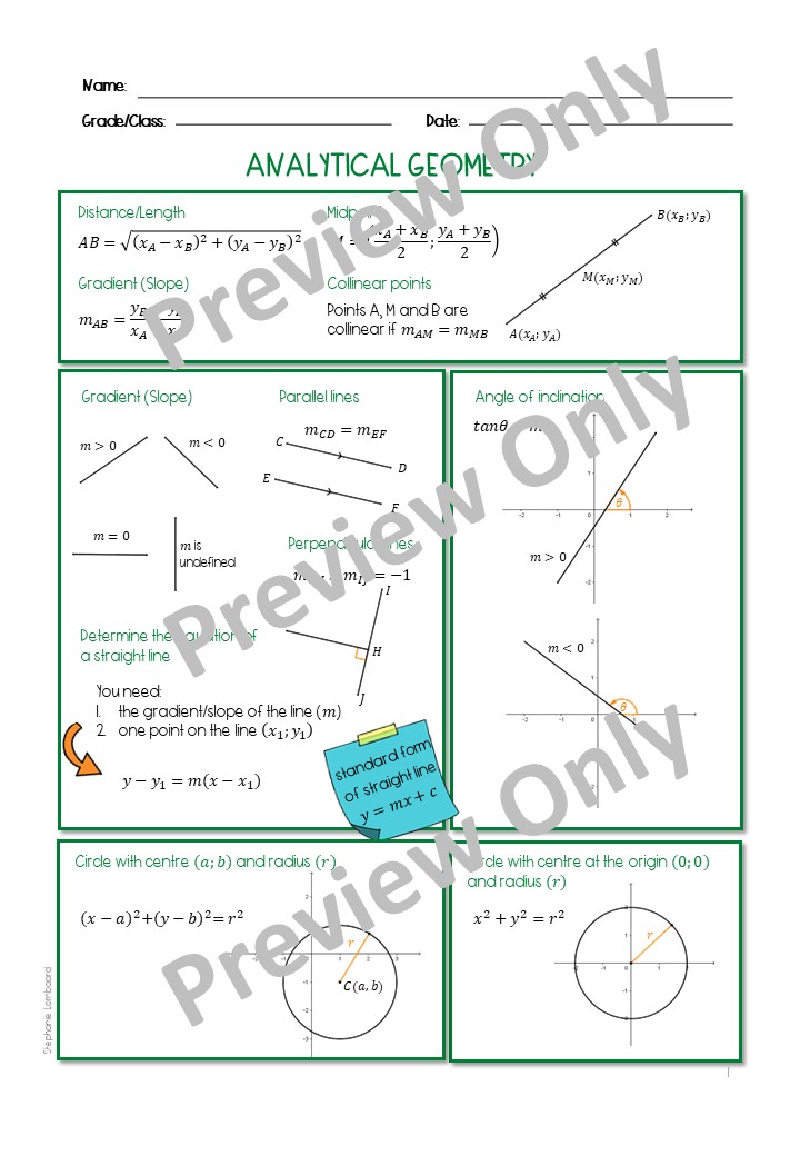 Analytical Geometry Formulae & facts sheet • Teacha!