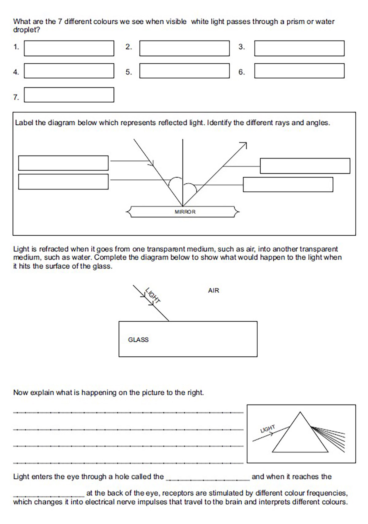 grade 8 science light revision worksheet teacha