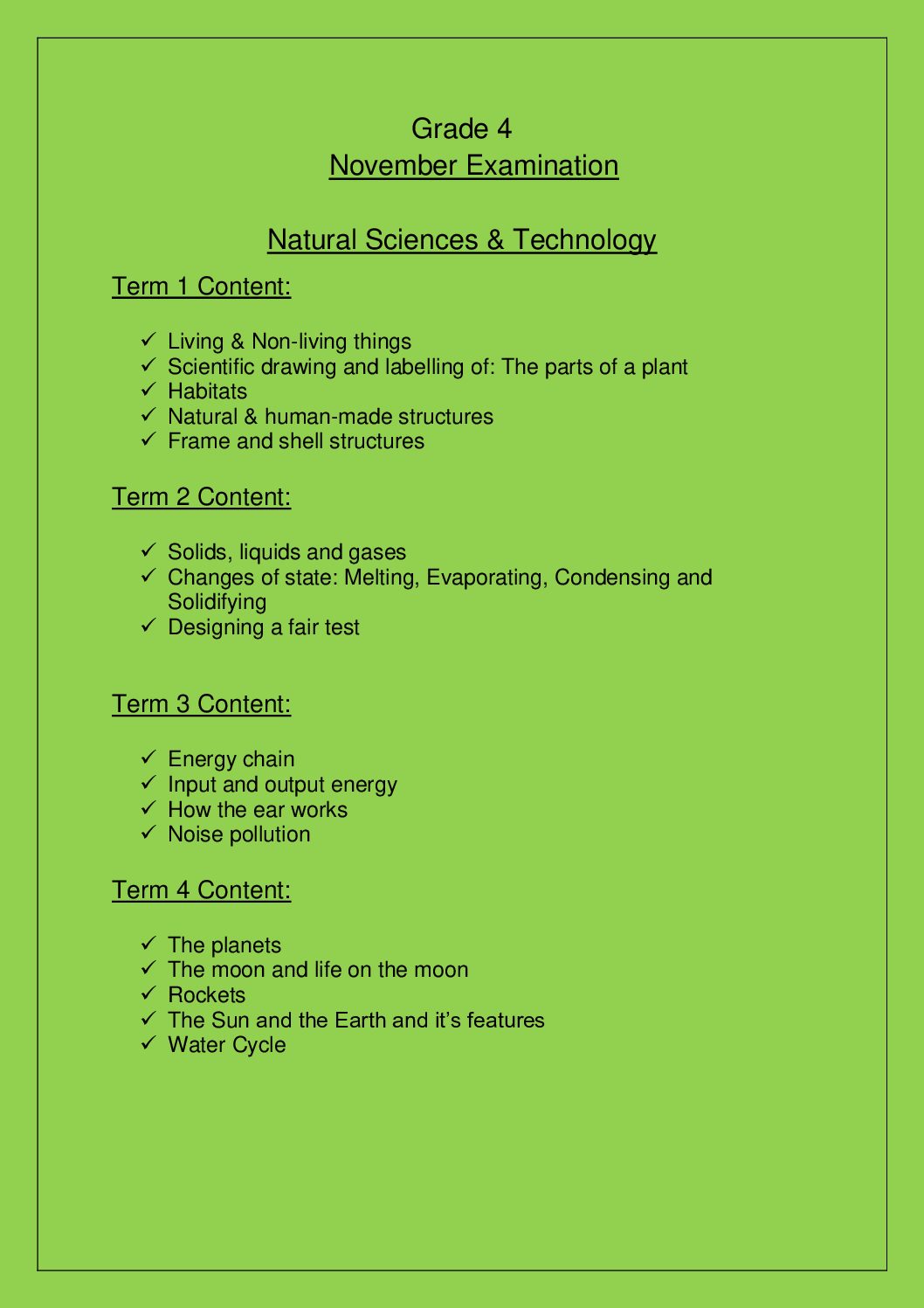 Grade 4 Natural Science November Examination Teacha 