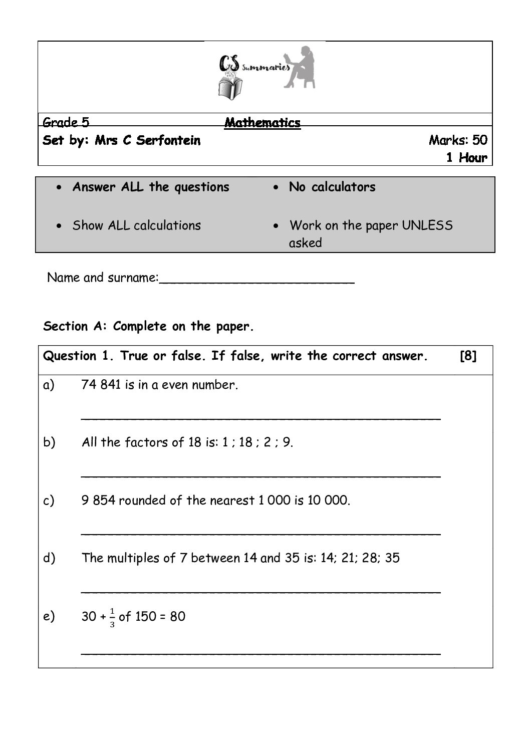 Grade 5 Mathematics term 1 Test • Teacha!