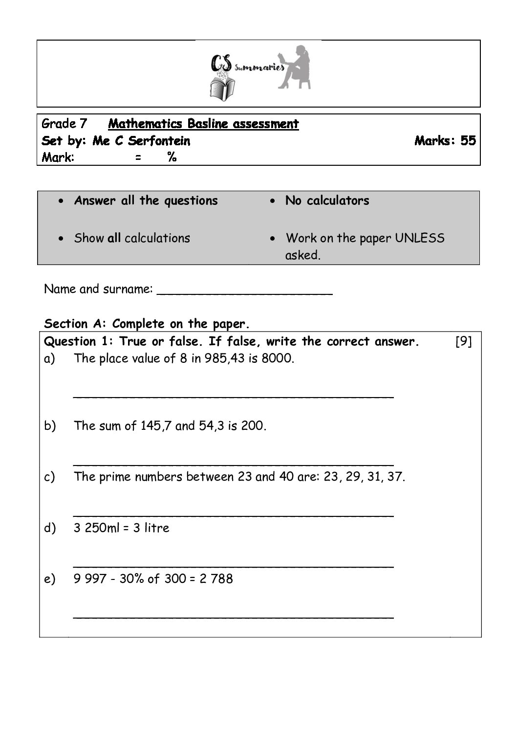 Grade 7 Baseline Assessment No Memorandum Teacha 