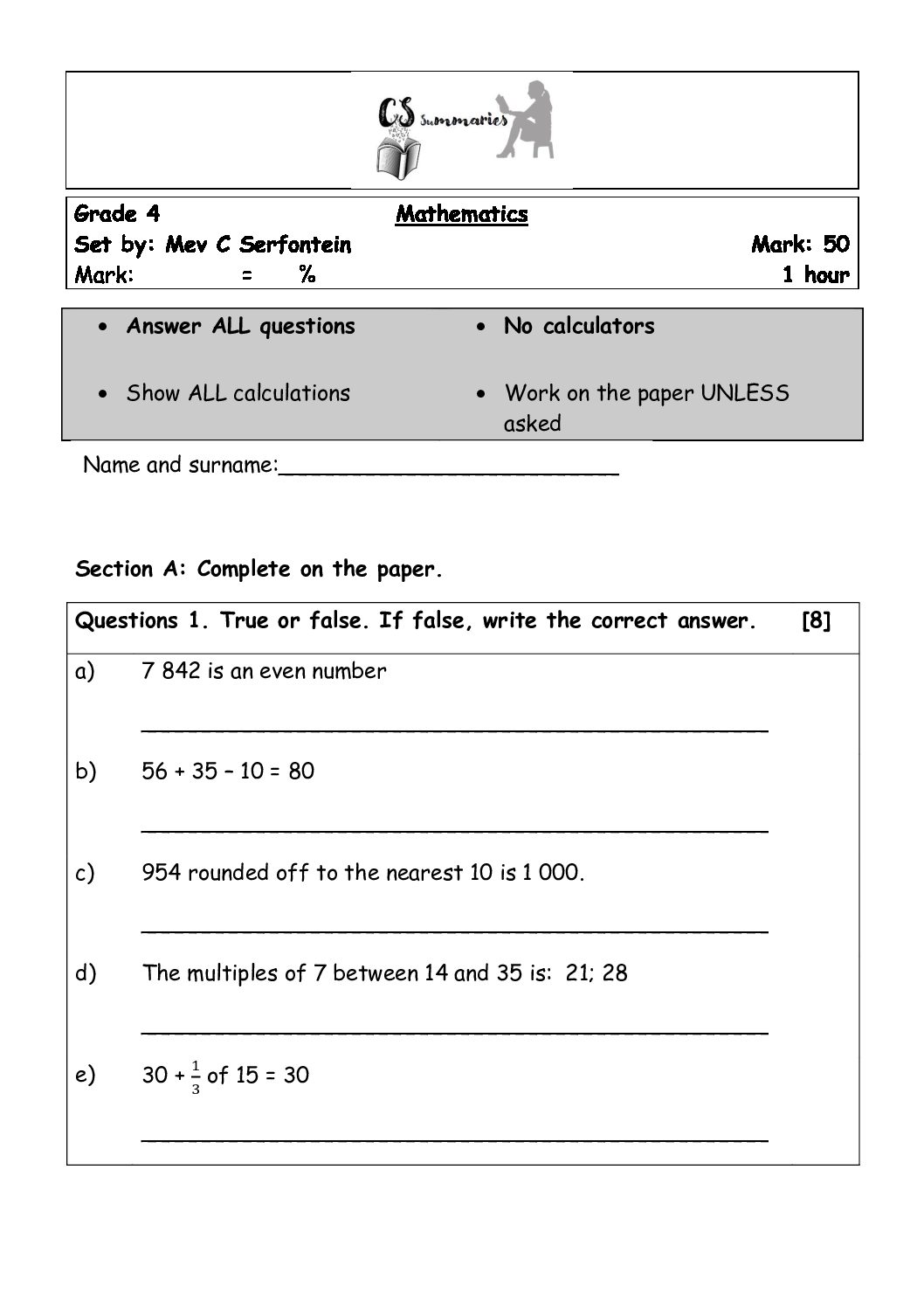 Grade 4 Mathematics Test Term 1 Memo Included Teacha 