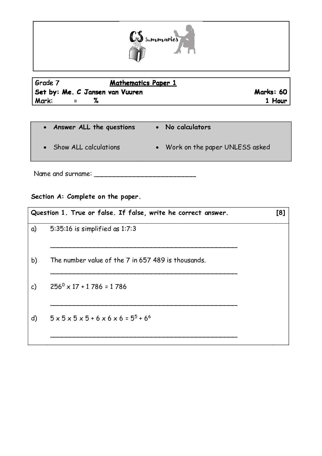 Grade 7 Mathematics test Paper 1. Term 1. Memorandum included. • Teacha!