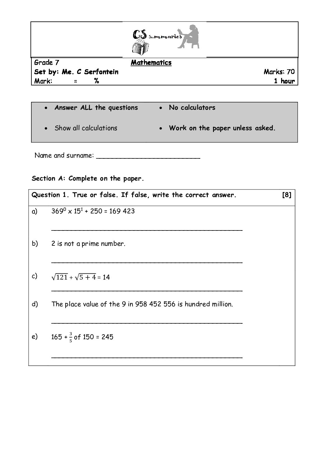 Grade 7 Math Term 1 Tests Teacha 