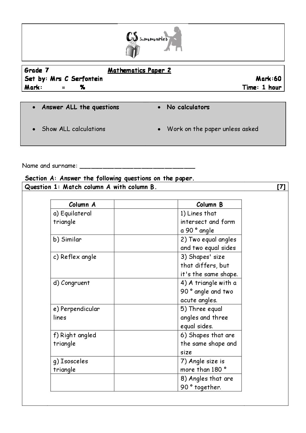 Grade 7 Mathematics Tests Term 2 Teacha 