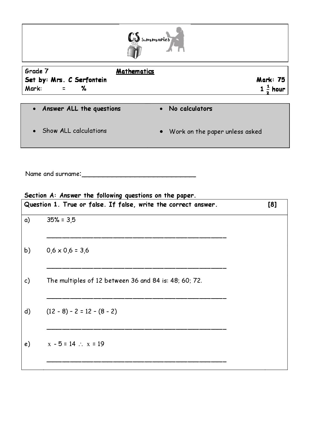 Grade 7 Mathematics Tests Term 2 Teacha 