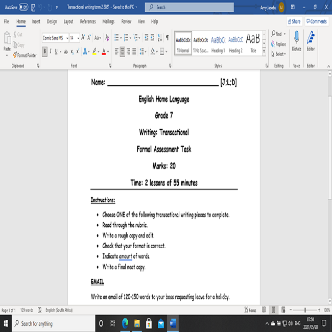 Grade 7 Transactional Writing Task And Rubric English Home Language Teacha 