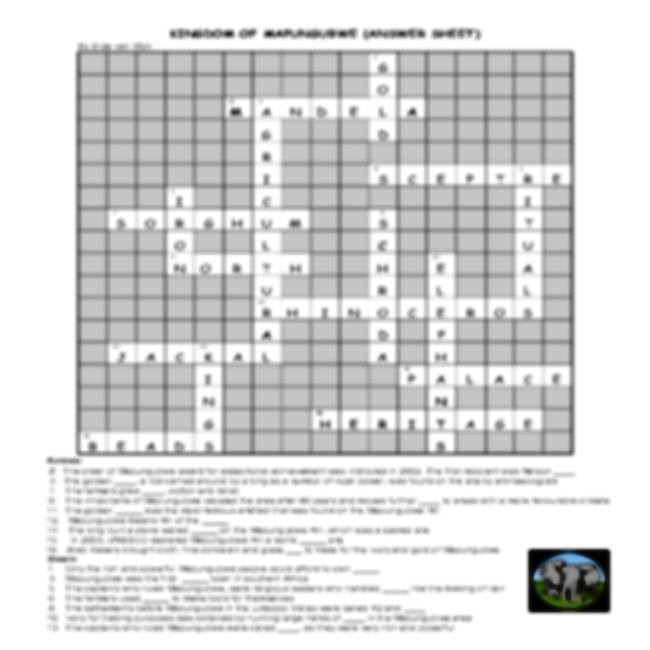 Crossword puzzle: Kingdom of Mapungubwe: Grade 6 • Teacha