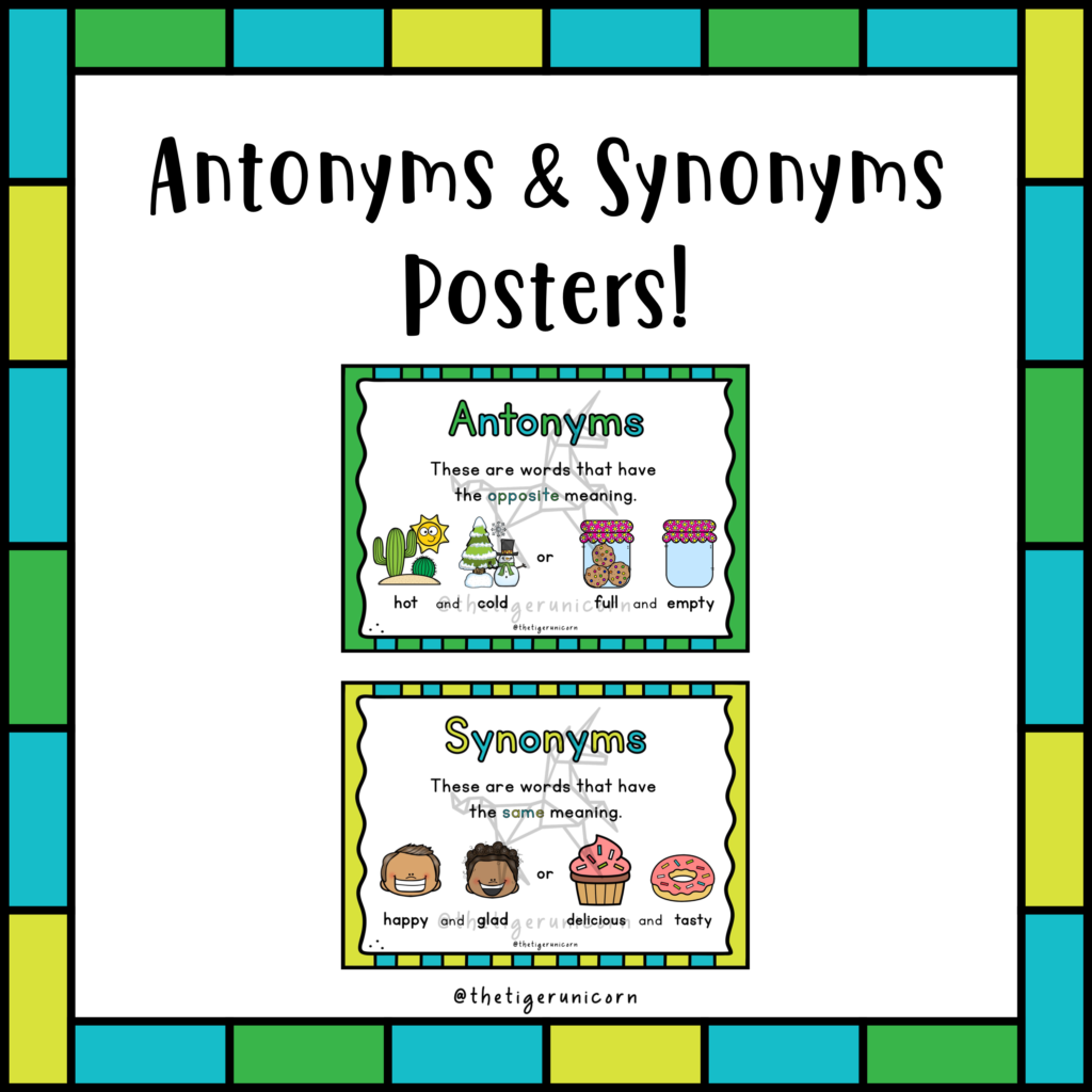 Antonyms Synonyms Posters with Bonus Activity Teacha 