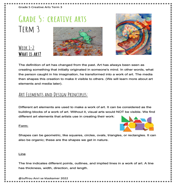 Grade 5 Creative Arts Term 3 Booklet Visual Arts Performing Arts 