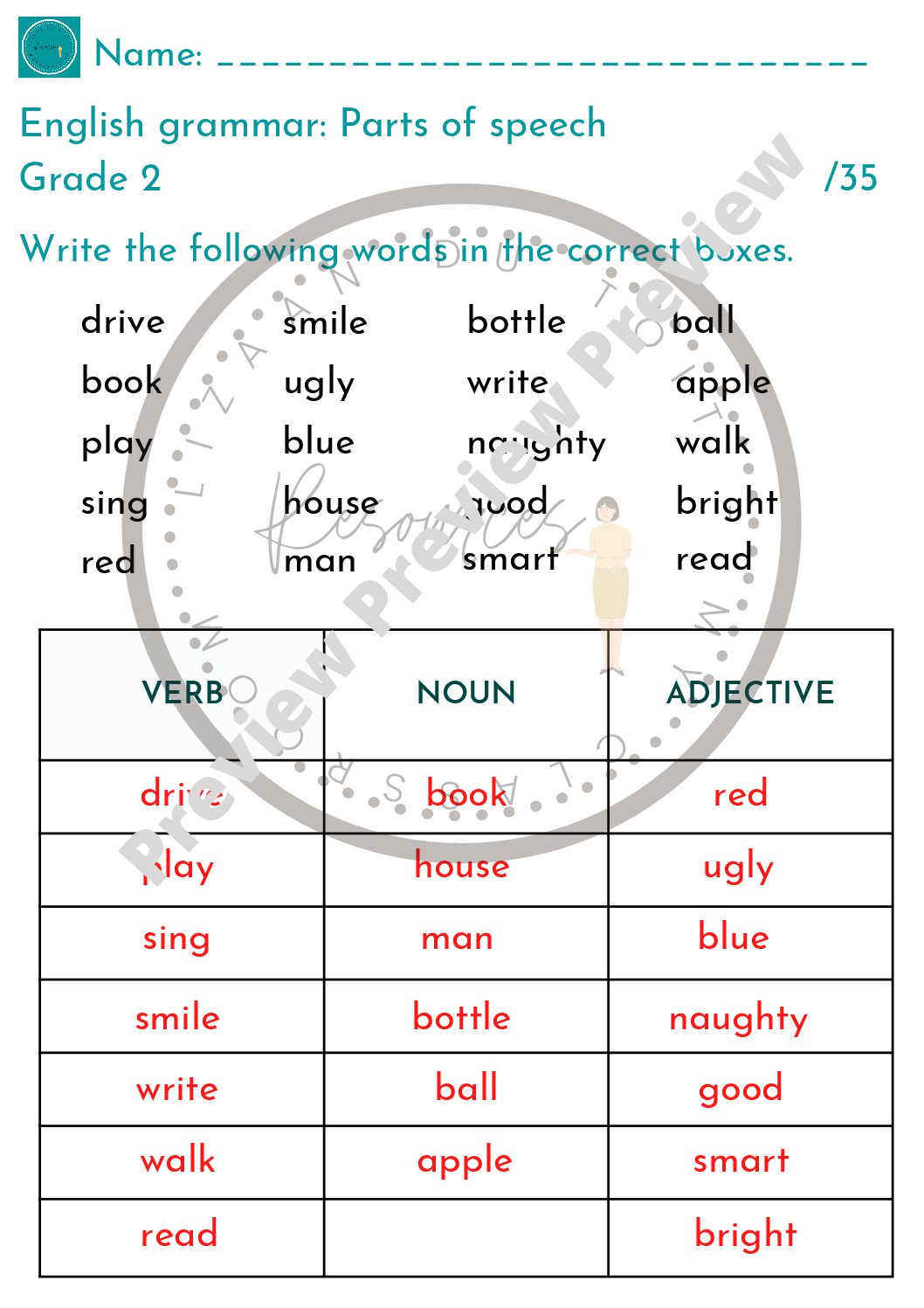 parts of speech worksheet with answers for class 5
