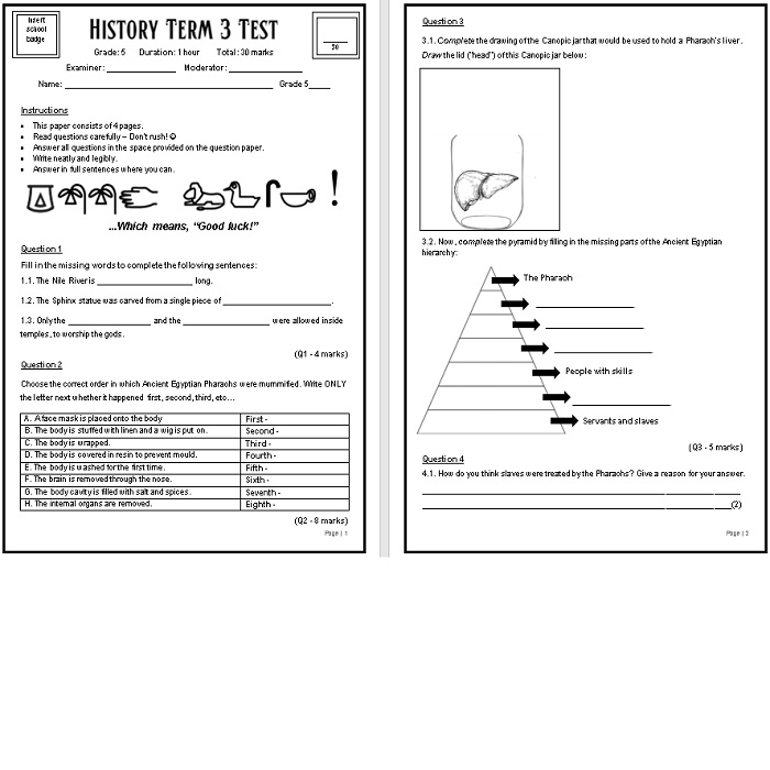 Grade 5 History Term 3 Test (Editable, with Memorandum including Bloom ...