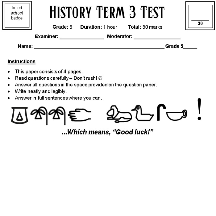 Grade 5 History Term 3 Test (Editable, with Memorandum including Bloom ...