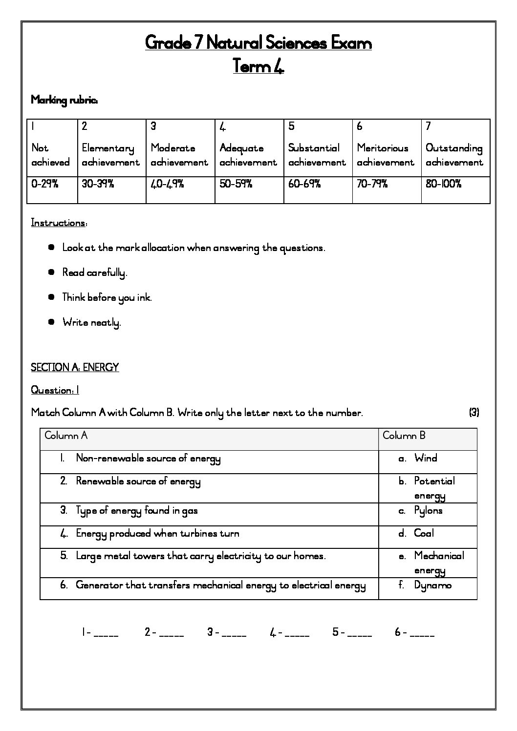 Grade 7 Natural Sciences Term 4 Exam Teacha 