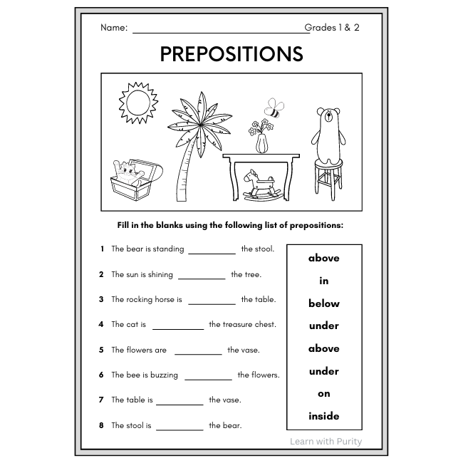 prepositions worksheets grade 2