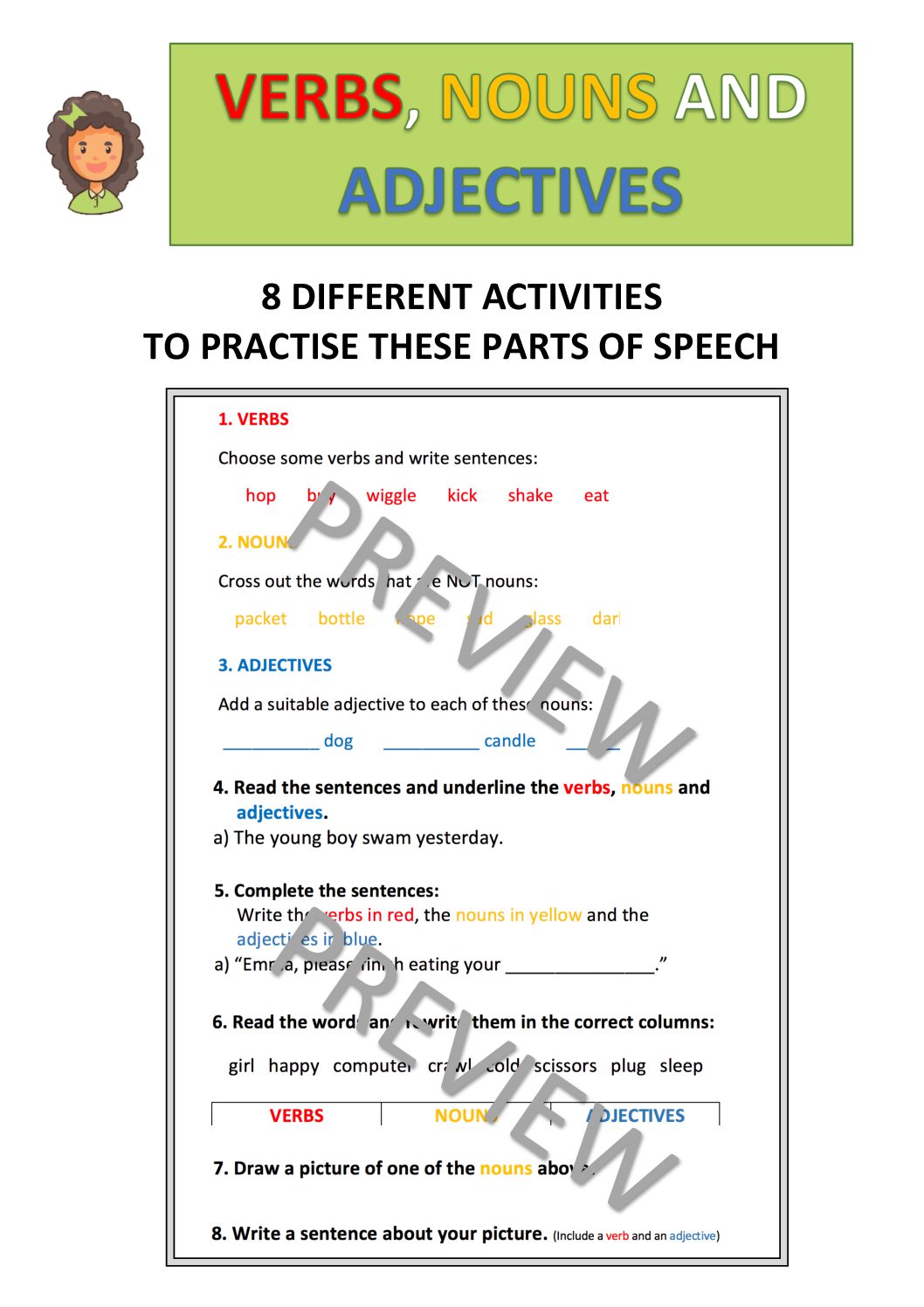 Noun Adjective Verb Worksheet Worksheets For Kindergarten