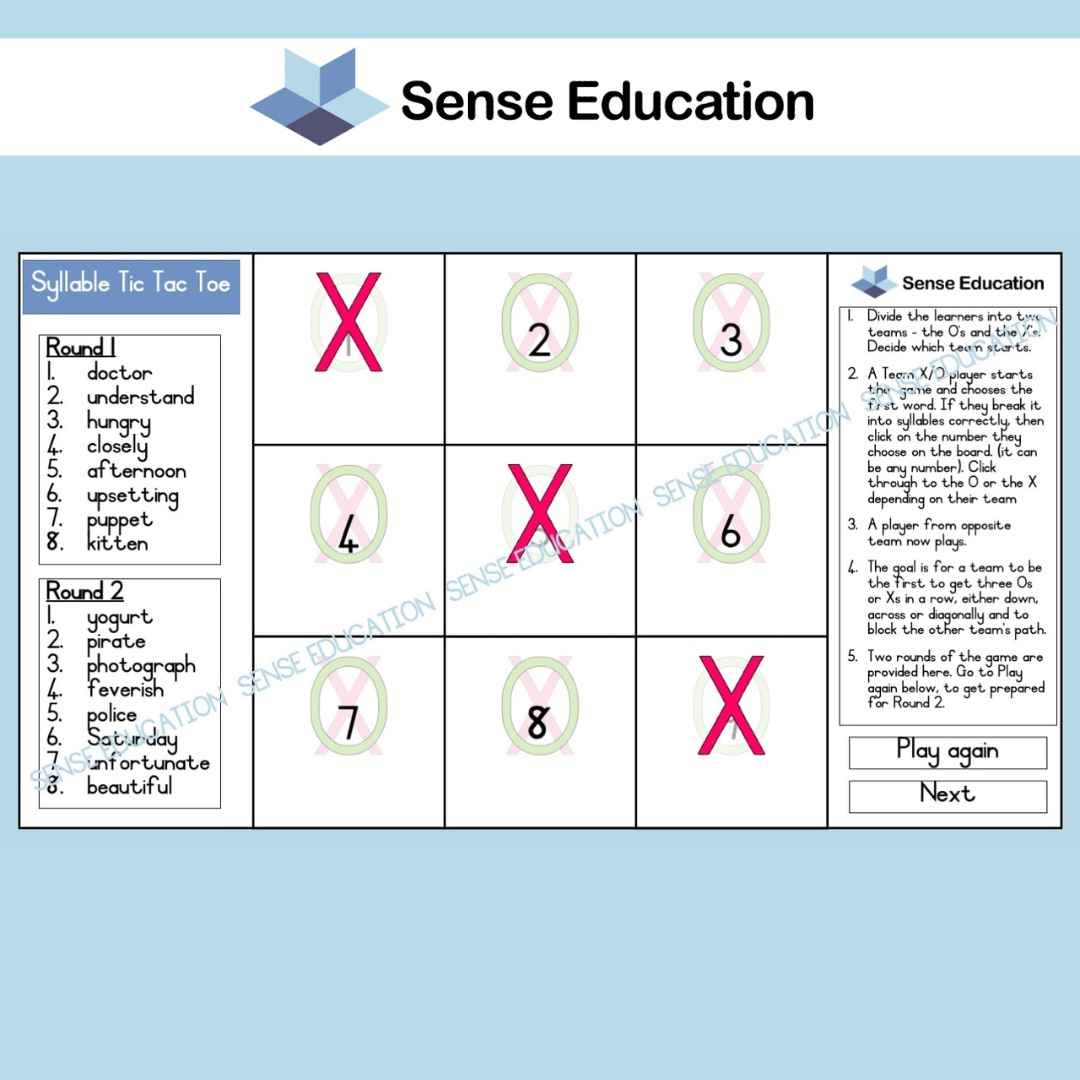 5 Syllable Tic Tac Toe