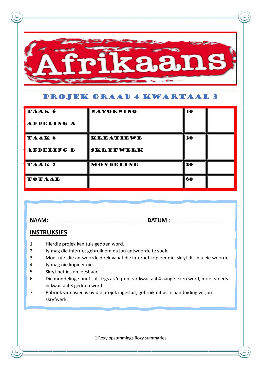 AFRIKAANS GRAAD 4 TERMYN 3 PROJEK • Teacha!