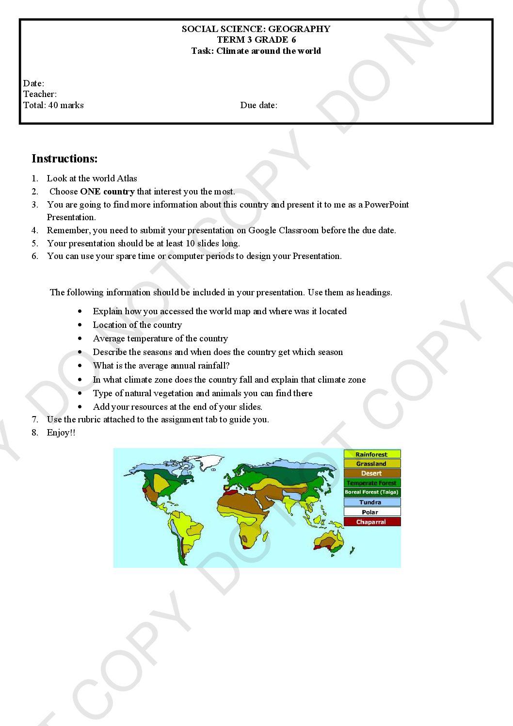 Grade 6 SS Geography Term 3 Task And Rubric Teacha 