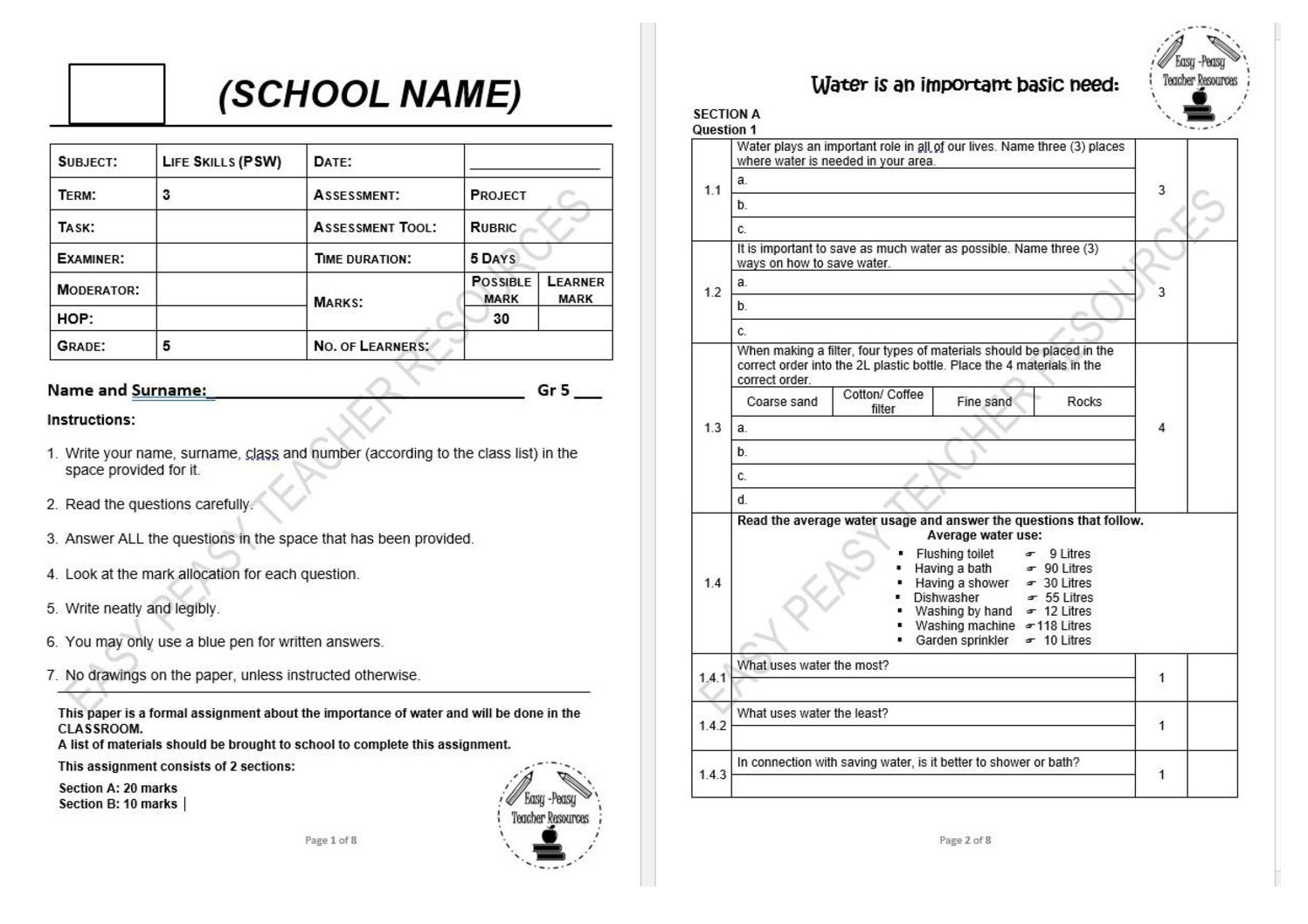 Life Skills (PSW) Grade 5 – Project Term 3 • Teacha!