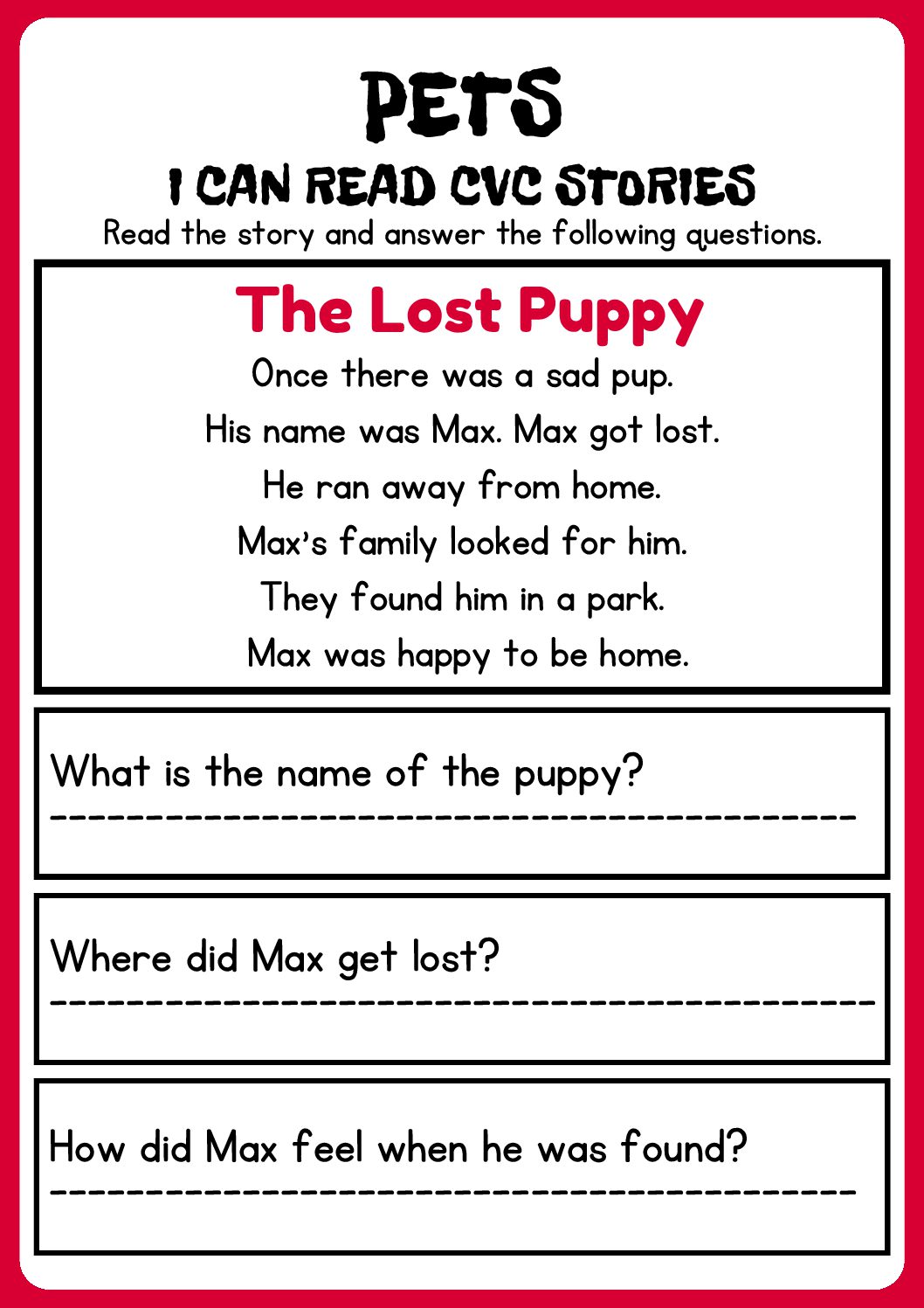 Pets CVC Decodable Short Stories with Questions • Teacha!